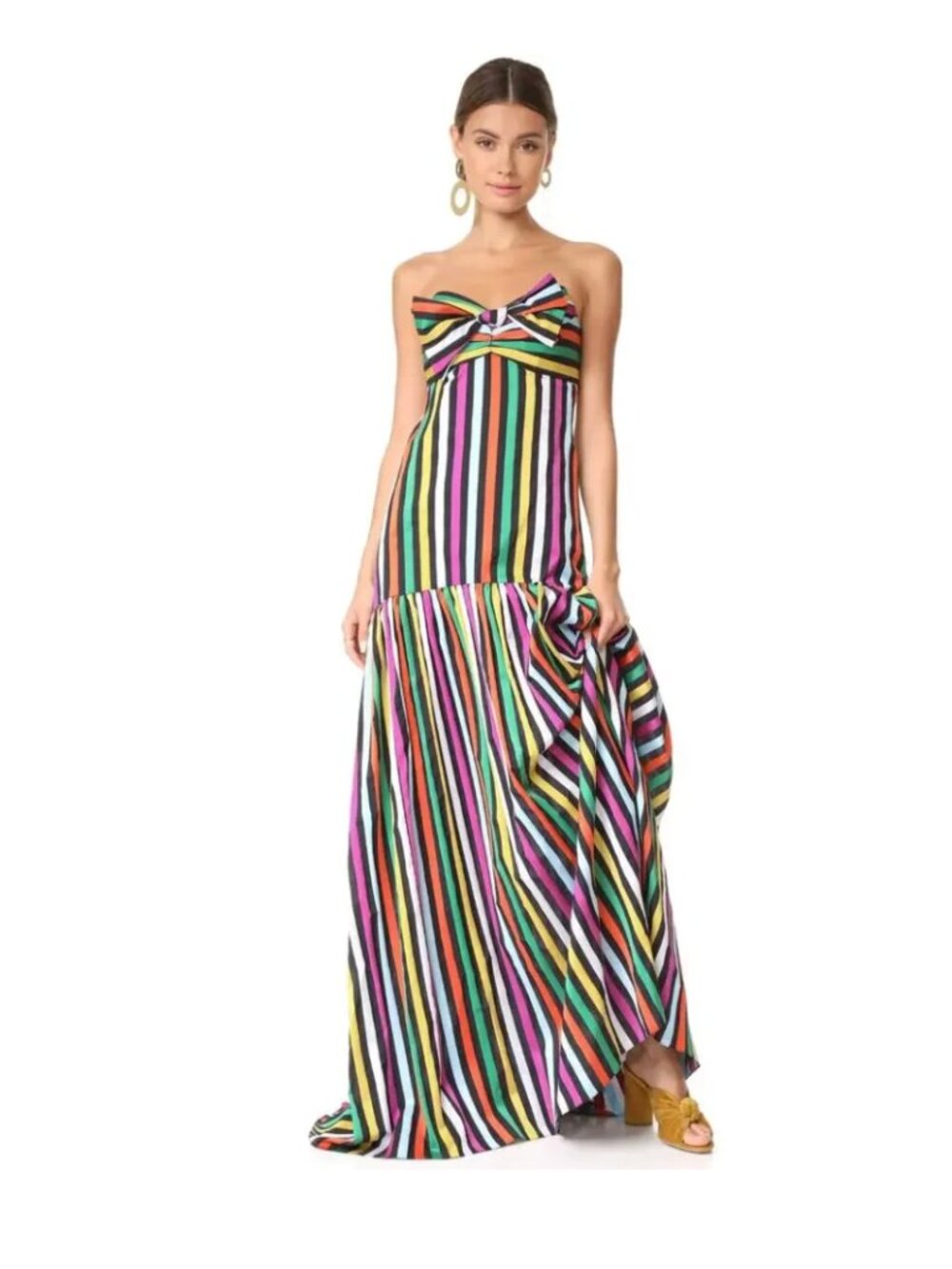 Caroline Constas Rainbow Stripe Black Strapless Bow Maxi Gown Small